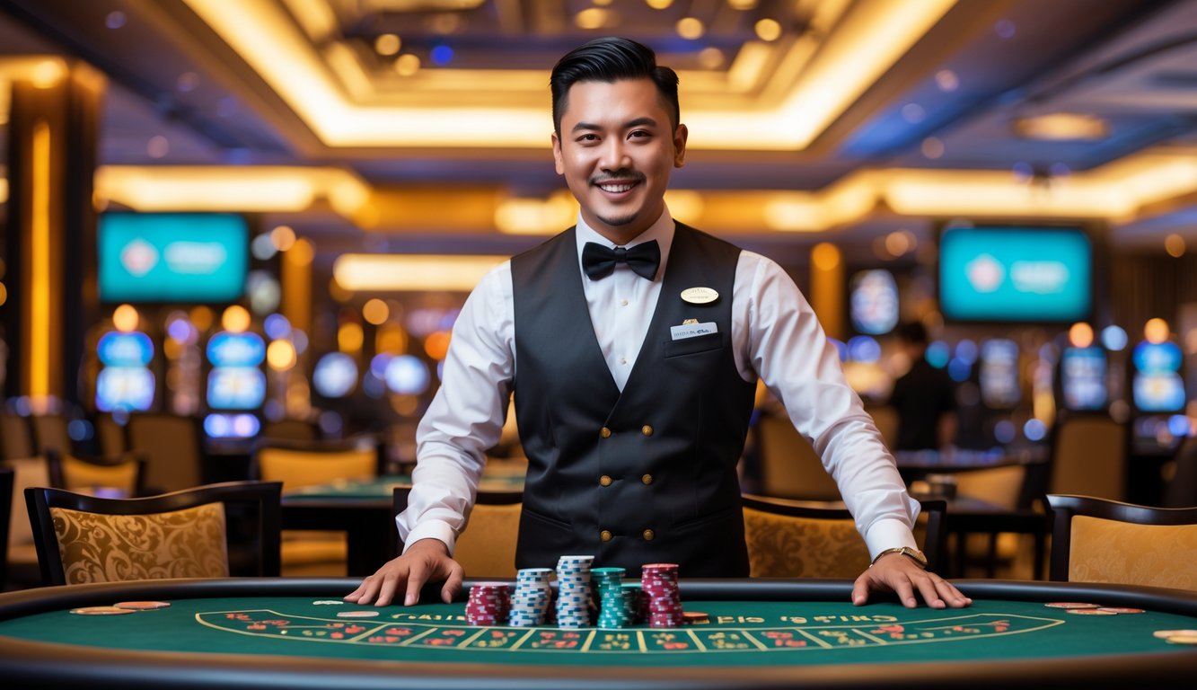 Seorang dealer kasino langsung berdiri di belakang meja kasino dengan kartu dan chip, di dalam ruangan kasino yang mewah dengan pencahayaan hangat dan elemen budaya Indonesia.