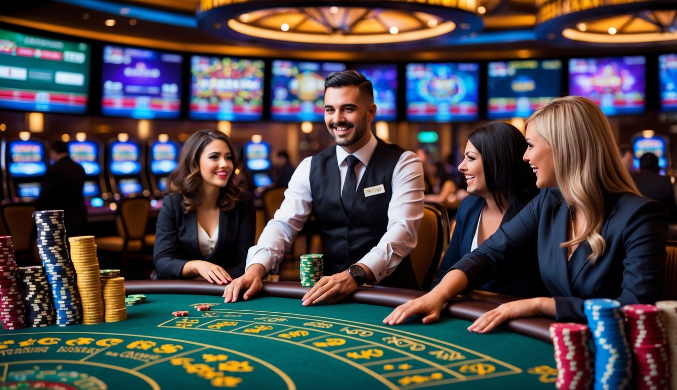 Suasana kasino langsung dengan dealer dan pemain yang bersemangat di sekitar meja permainan.