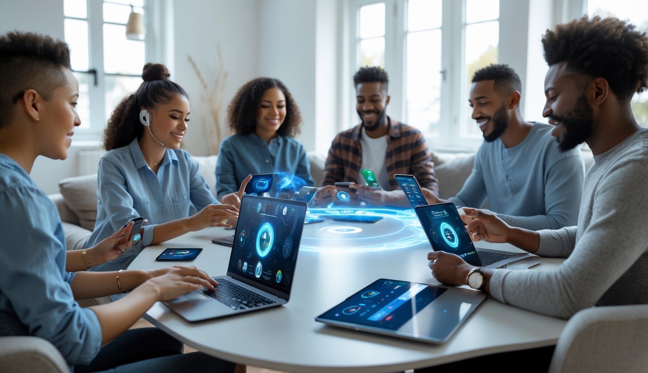 Sekelompok orang bermain game kartu online bersama di ruang tamu modern dengan perangkat digital.