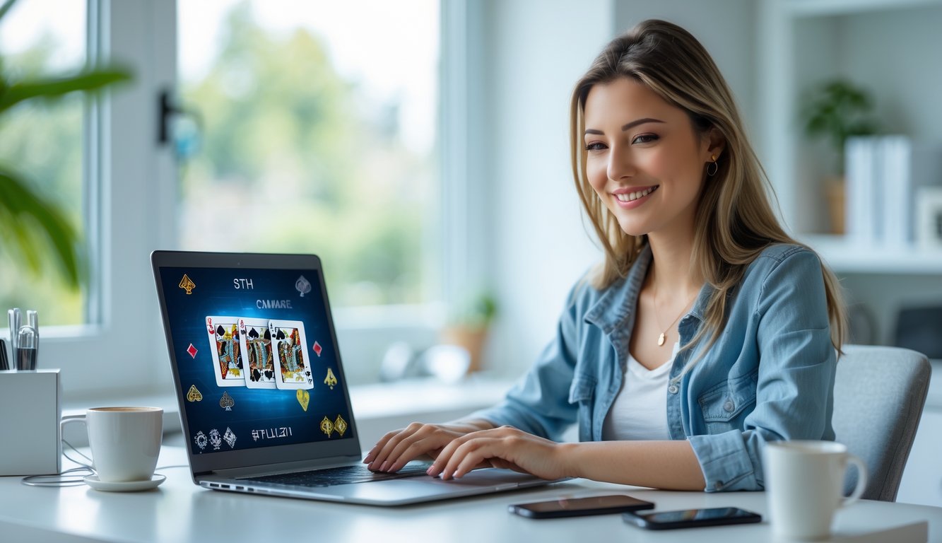 Seorang wanita muda duduk di meja dengan laptop, fokus bermain permainan kartu online menggunakan uang asli.
