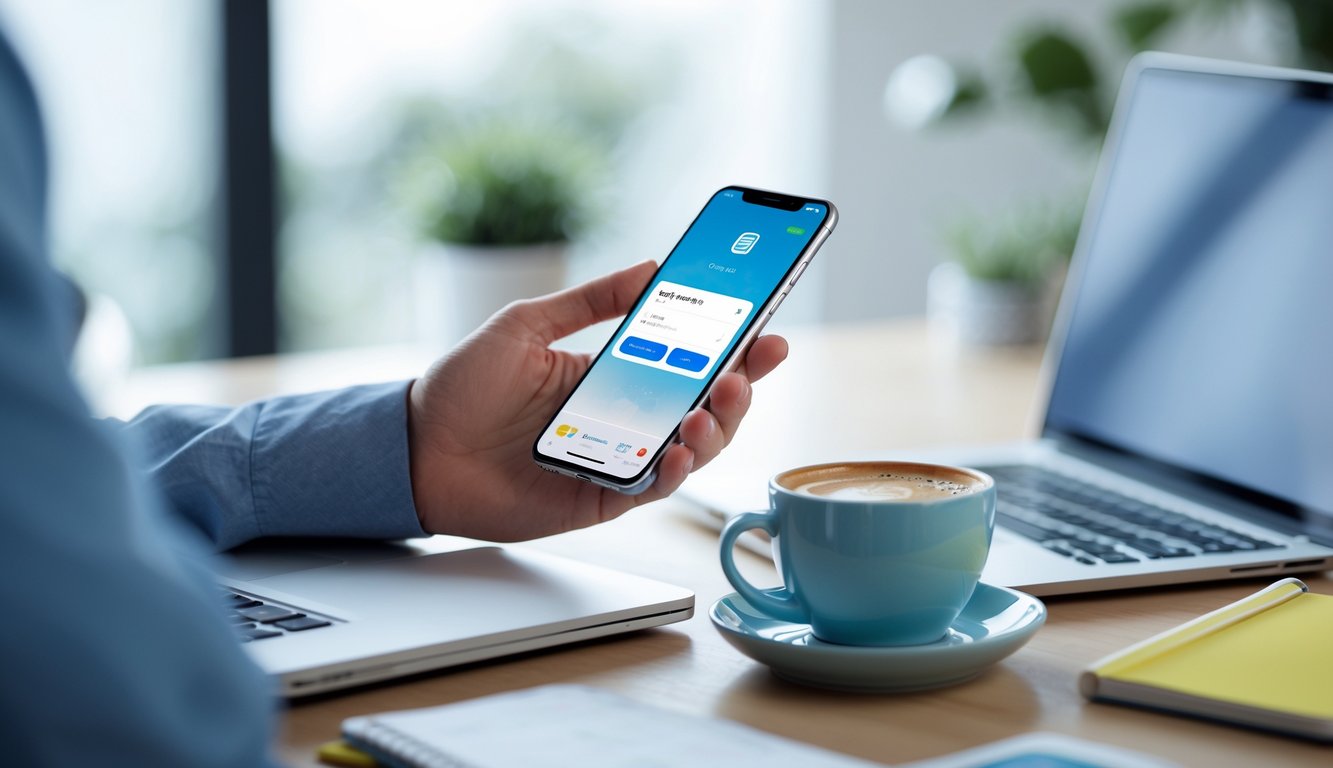 Seseorang menggunakan ponsel untuk melakukan transaksi deposit pulsa secara online di meja kerja dengan laptop dan cangkir kopi.