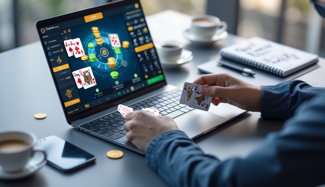 Seseorang sedang bermain permainan kartu online di laptop dengan fokus di ruang kerja yang rapi.