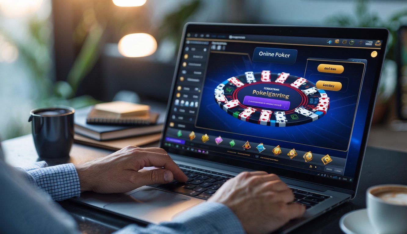 Seseorang sedang bermain poker online di laptop di ruang kerja yang nyaman dan terang.