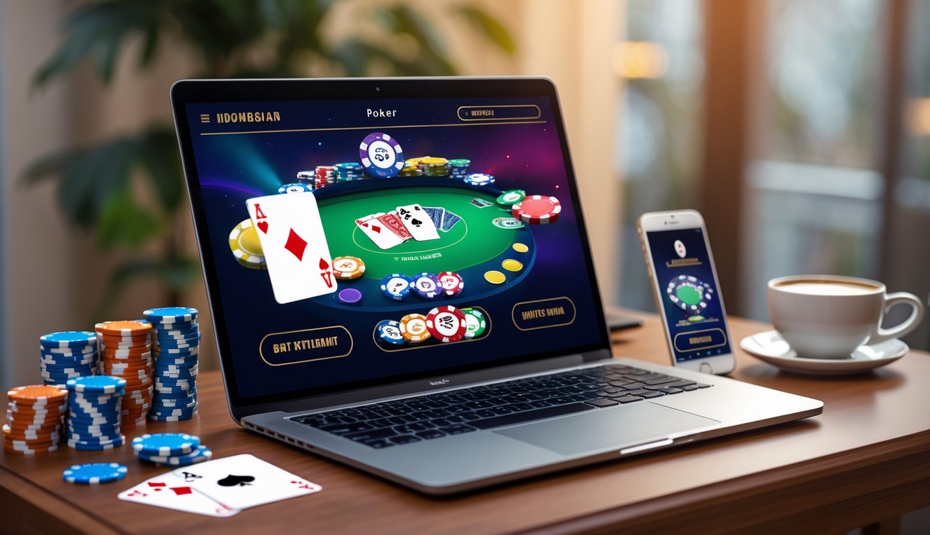Seorang pemain duduk di depan laptop dengan permainan poker online yang terlihat di layar, dikelilingi oleh chip poker dan ponsel di atas meja kayu.