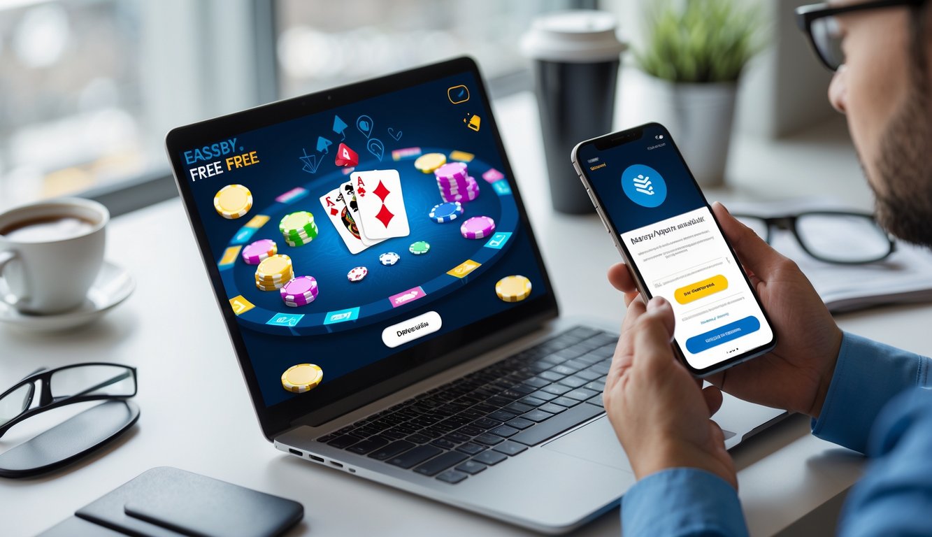 Seseorang menggunakan ponsel untuk melakukan deposit pulsa tanpa potongan saat bermain poker online di laptop.