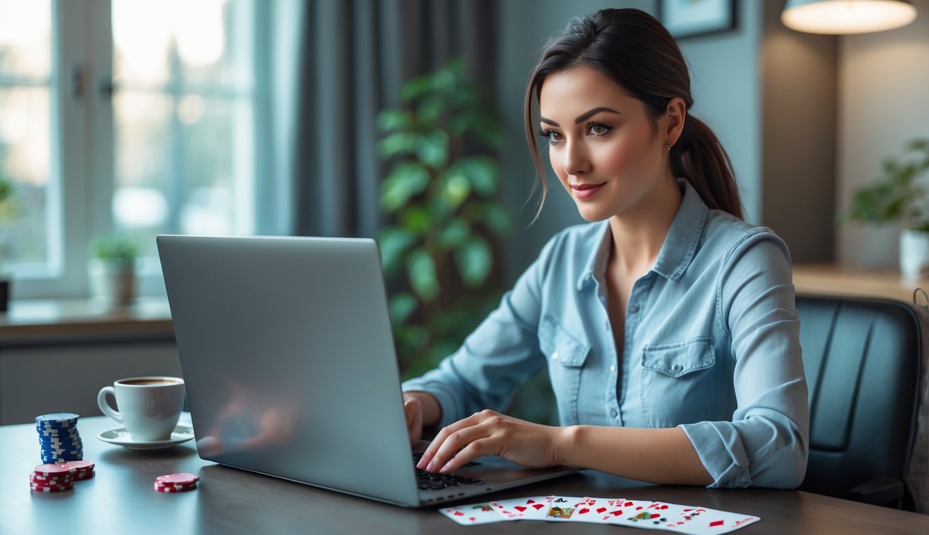 Seorang wanita muda duduk di meja dengan laptop, bermain poker online dengan tumpukan chip dan kartu di sampingnya.