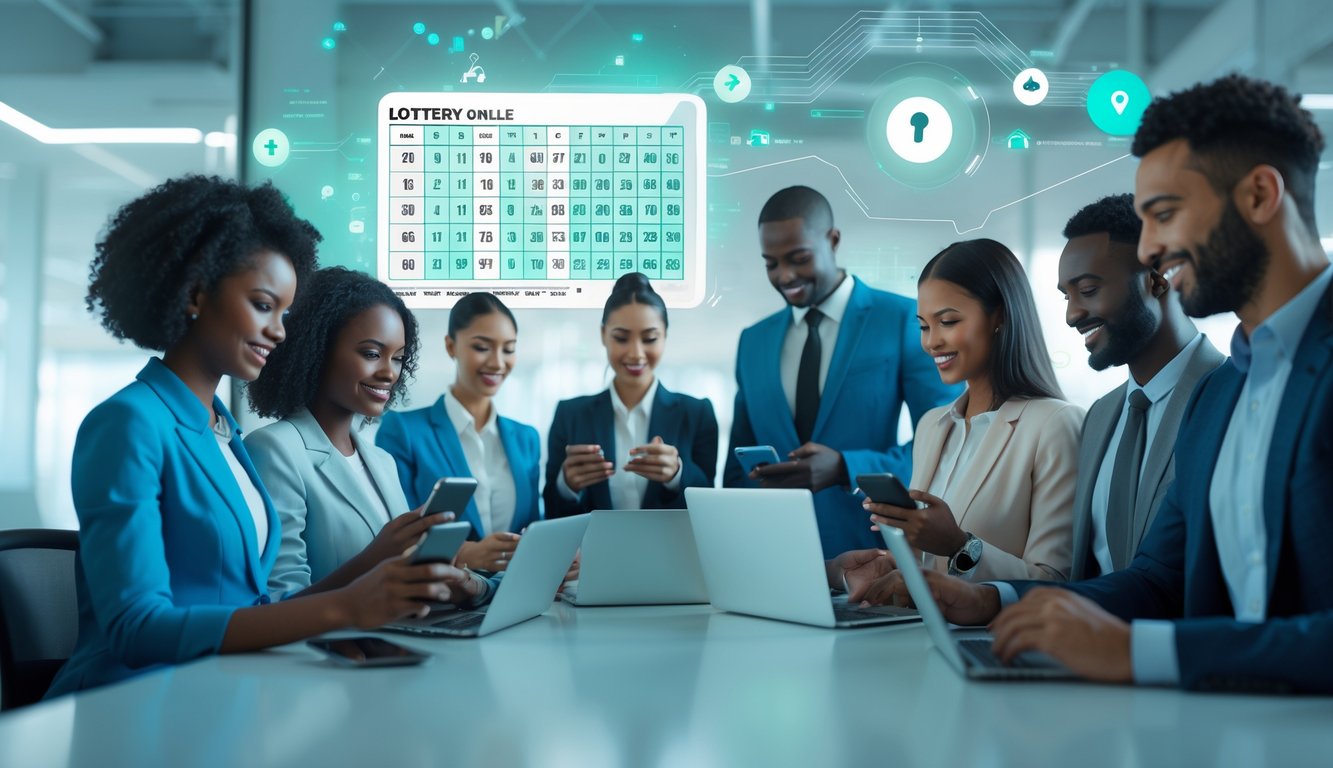 Sekelompok orang menggunakan perangkat digital untuk bermain lotere online di lingkungan kantor modern yang terang dan profesional.