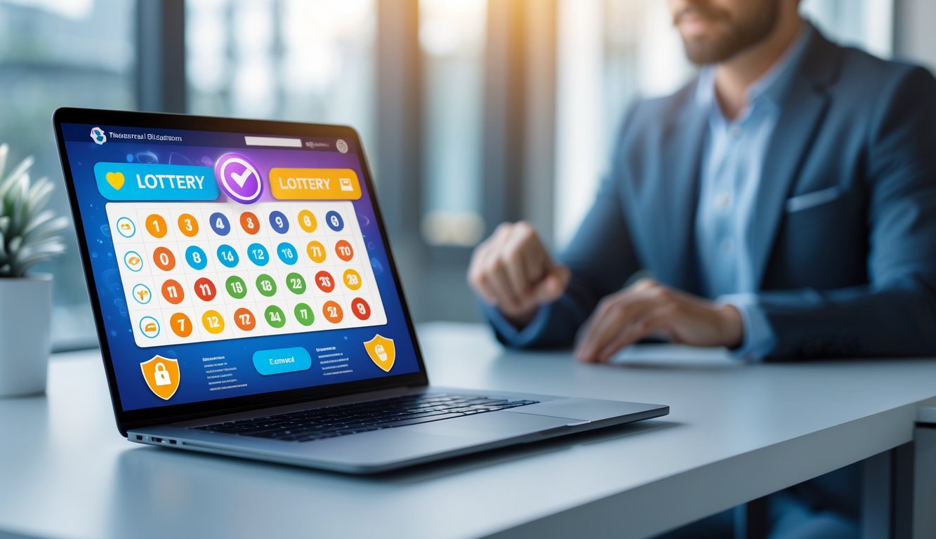 Seseorang menggunakan laptop dengan tampilan situs lotere online yang aman dan terpercaya di meja kerja.