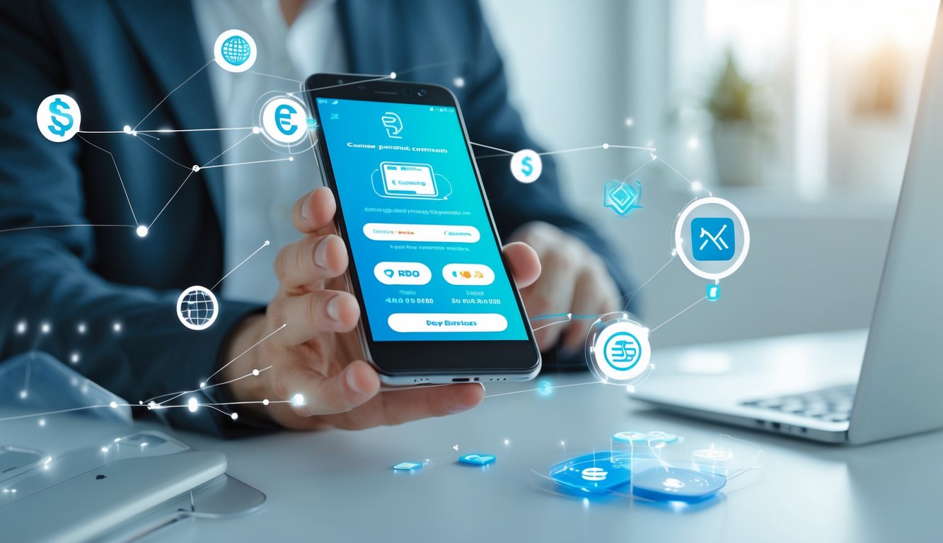 Tangan seseorang memegang ponsel dengan aplikasi pembayaran digital di layar, menunjukkan transaksi online tanpa potongan biaya.