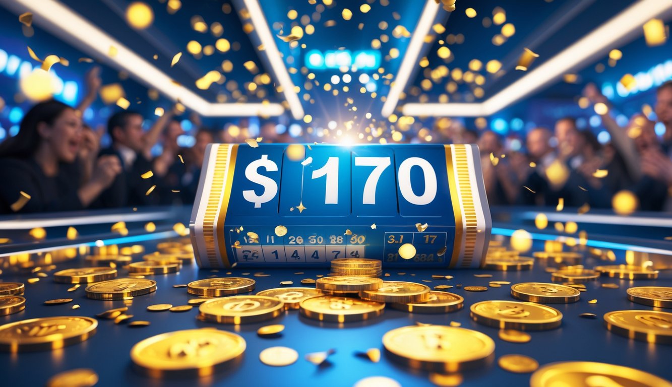 Suasana meriah dengan tiket lotre, koin emas, dan orang-orang yang tampak antusias dalam sebuah ruangan modern.