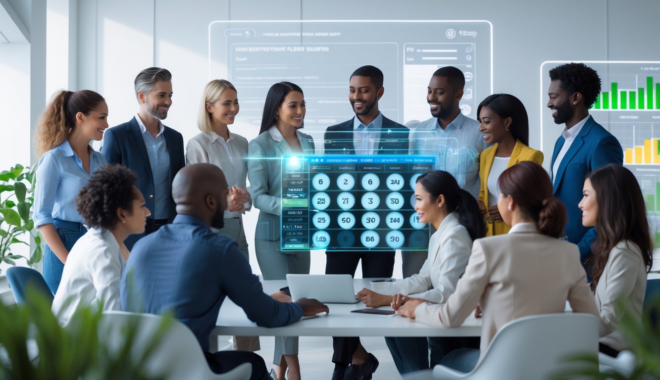 Sekelompok orang sedang melihat layar digital yang menampilkan berbagai pasar togel dalam suasana kantor modern.