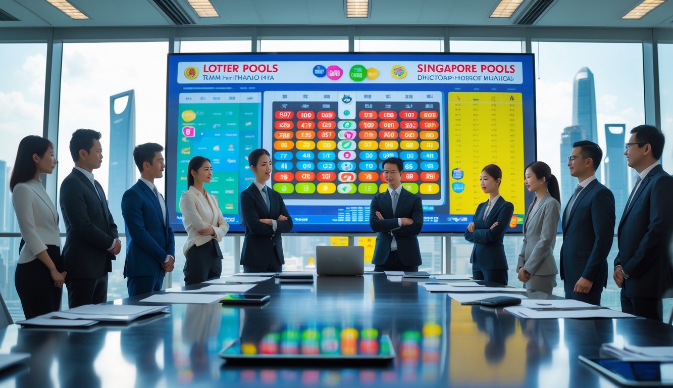 Sekelompok profesional bekerja di kantor modern dengan layar digital menampilkan angka lotere dan pemandangan kota di latar belakang.