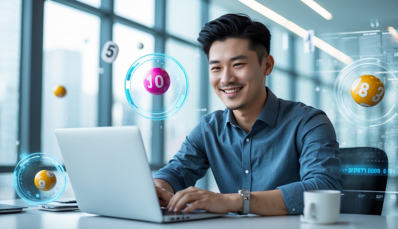 Seorang pria muda duduk di meja dengan laptop di kantor modern yang terang, dikelilingi oleh elemen digital seperti angka dan bola lotre yang melayang.