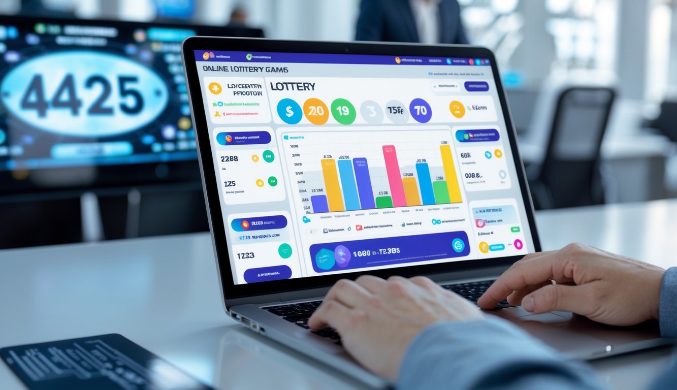 Sebuah ruang kerja modern dengan komputer menampilkan antarmuka situs lotere online, tangan seseorang sedang berinteraksi dengan perangkat tersebut.