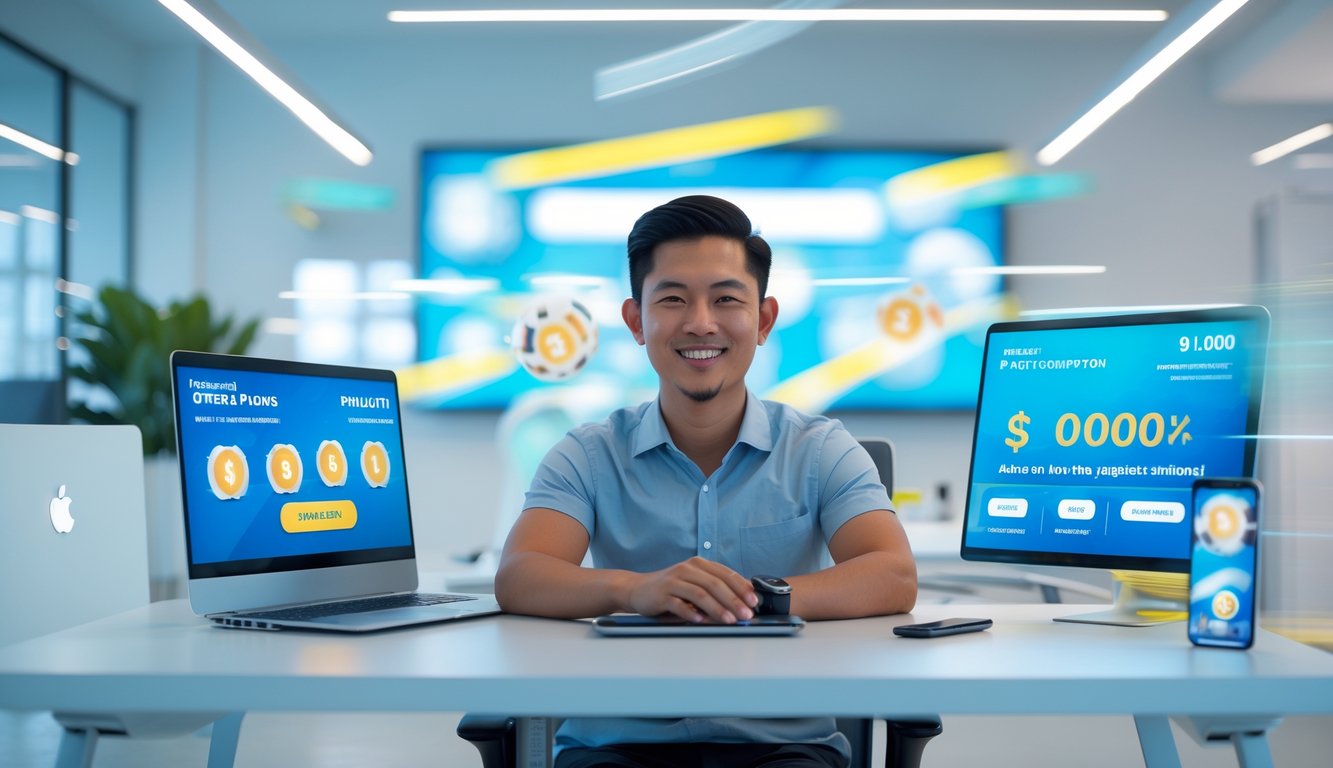 Seorang pria muda tersenyum duduk di meja dengan laptop dan ponsel yang menampilkan aktivitas terkait lotere dan pembayaran cepat di ruangan kantor yang terang.