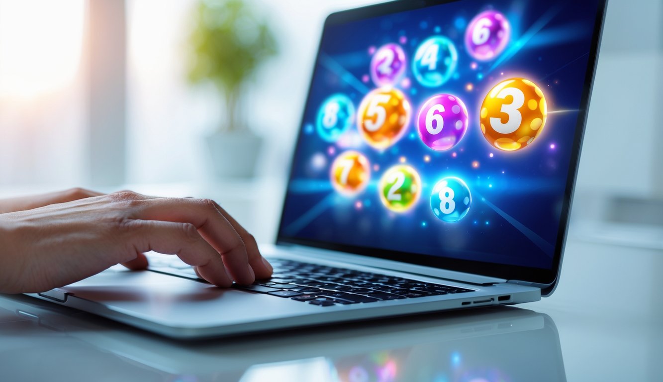 Seseorang menggunakan laptop dengan tampilan grafis bola lotere berwarna-warni di layar dalam suasana kerja yang cerah dan rapi.