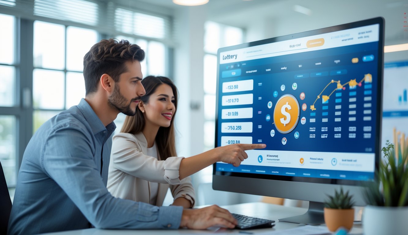 Seorang pria dan wanita muda sedang bekerja bersama di depan layar komputer besar yang menampilkan antarmuka platform togel online di kantor modern.