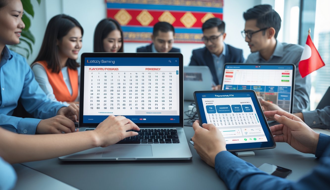 Orang-orang bekerja bersama di kantor modern dengan perangkat digital yang menampilkan permainan togel, dengan dekorasi yang mencerminkan budaya Indonesia.