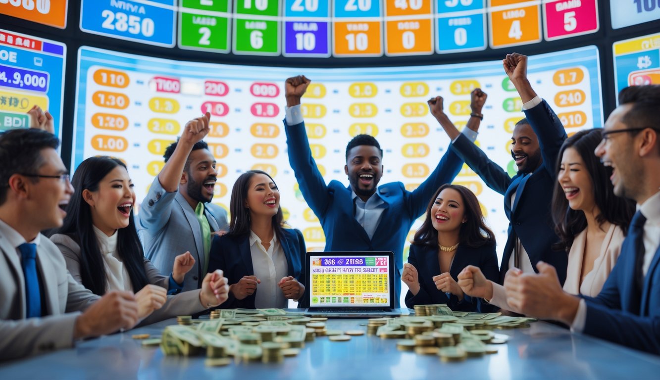 Orang-orang merayakan kemenangan lotere 4D di ruangan modern dengan papan angka digital dan tiket lotere di atas meja.