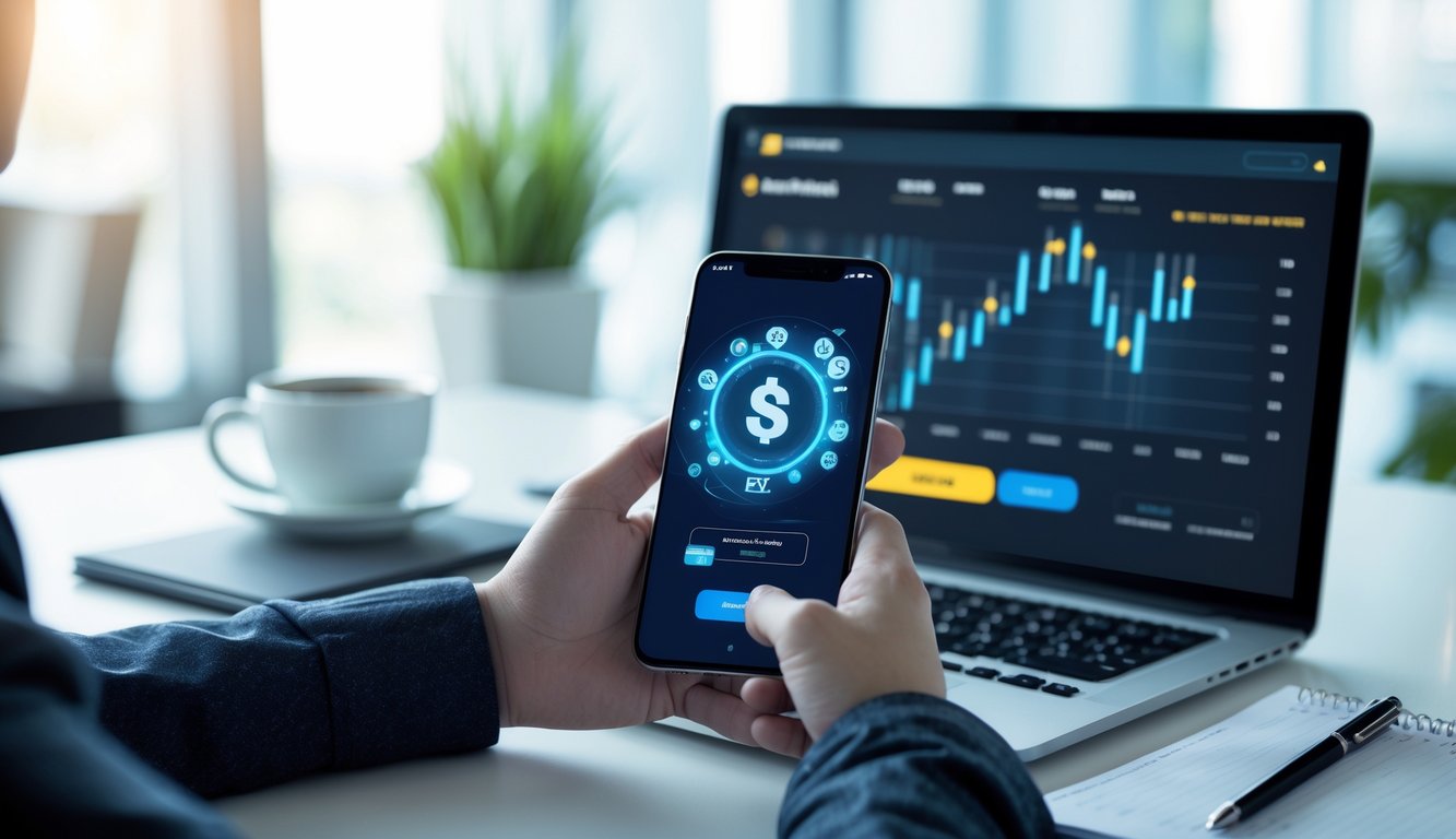 Seseorang menggunakan ponsel di meja kerja dengan laptop dan alat tulis di sekitarnya.