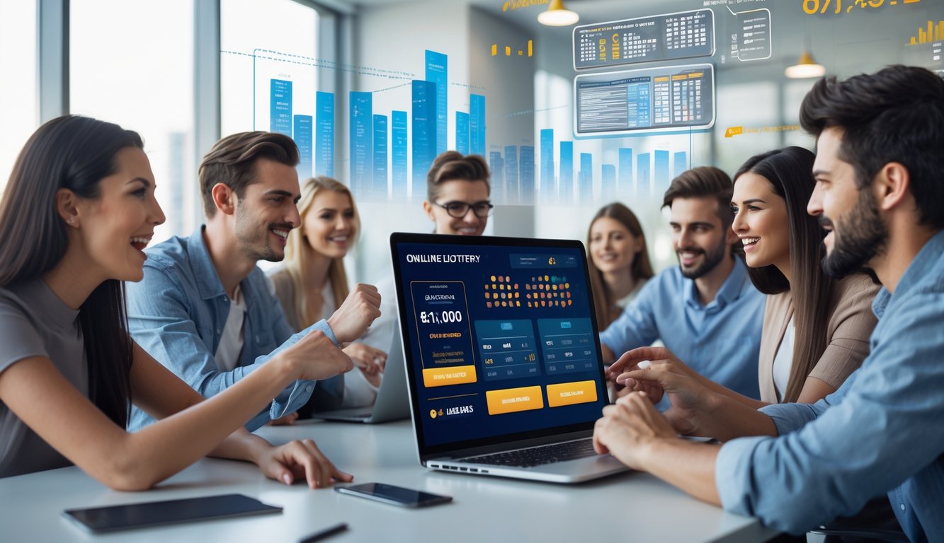 Sekelompok orang muda sedang menggunakan laptop di kantor modern dengan suasana ceria dan fokus.