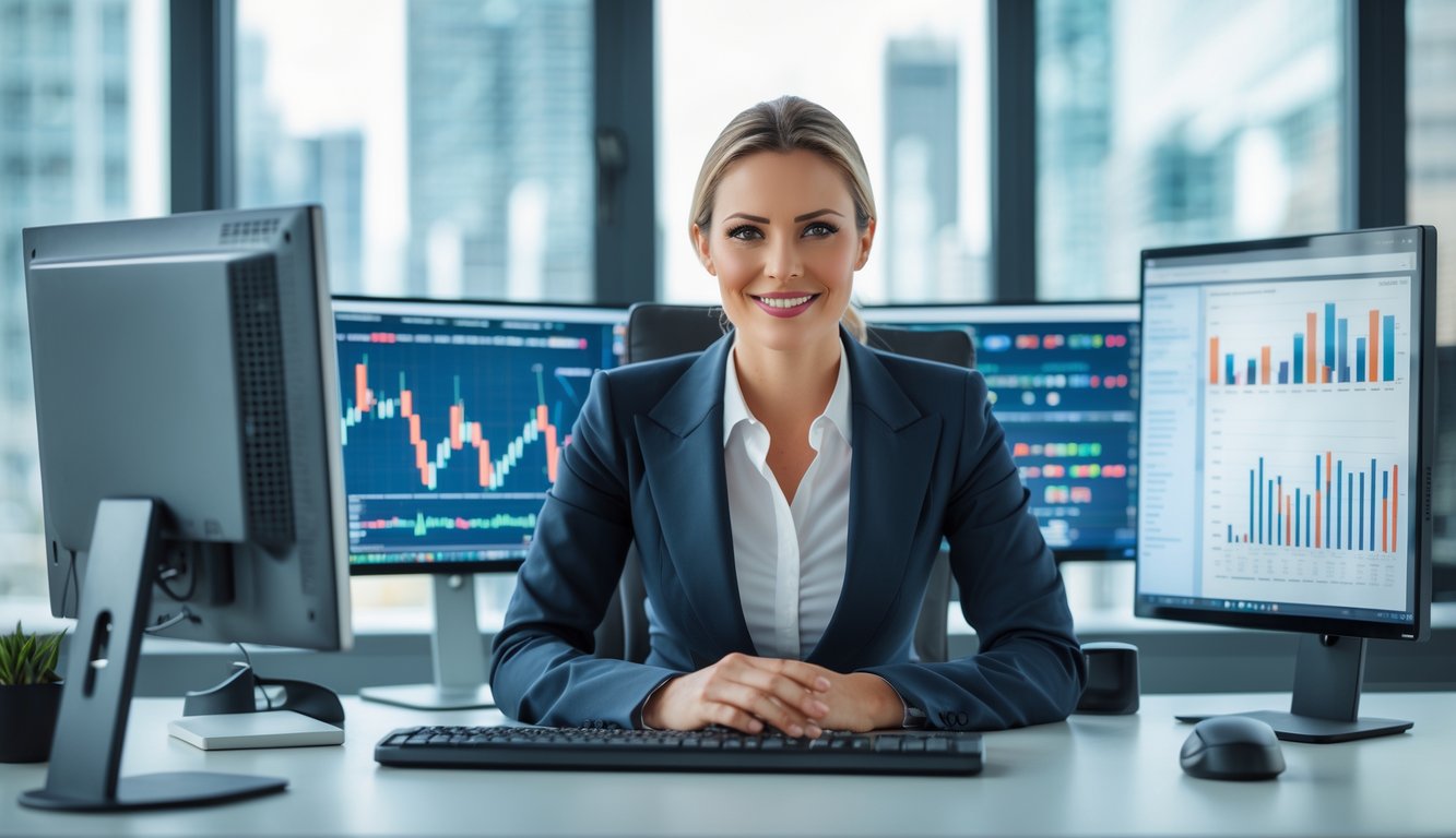 Seorang pebisnis percaya diri duduk di meja kantor modern dengan beberapa layar komputer yang menampilkan grafik dan data keuangan.