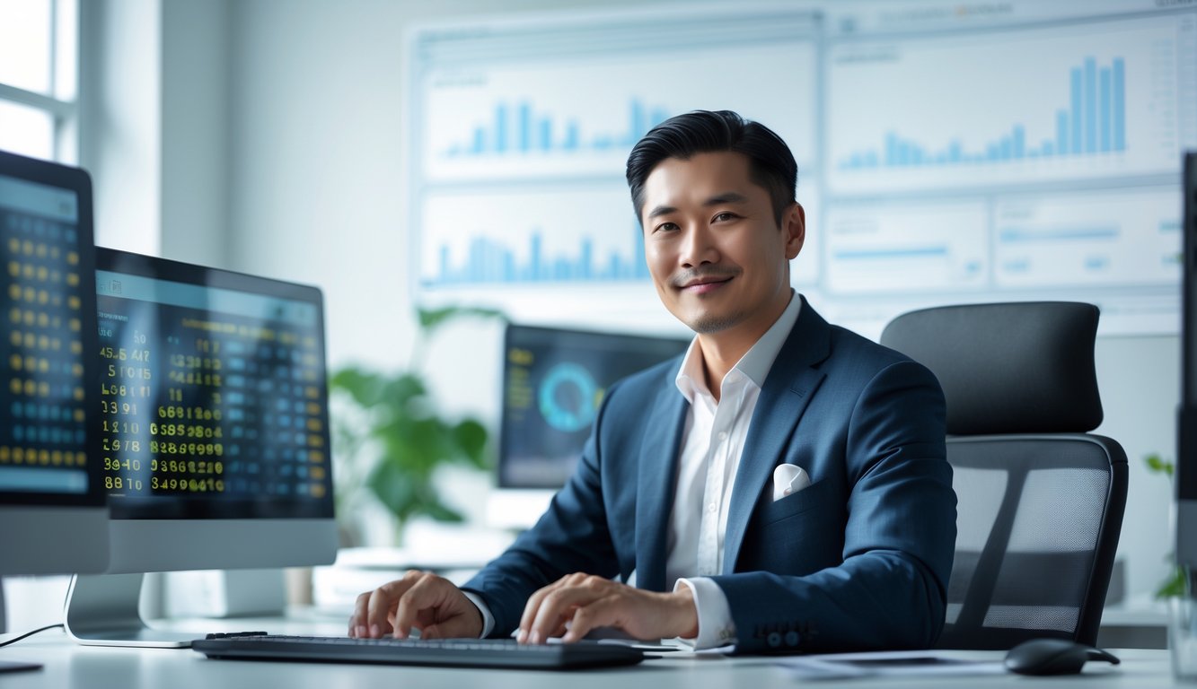 Seorang pria Asia duduk di depan komputer dengan layar menampilkan angka lotre di kantor modern.