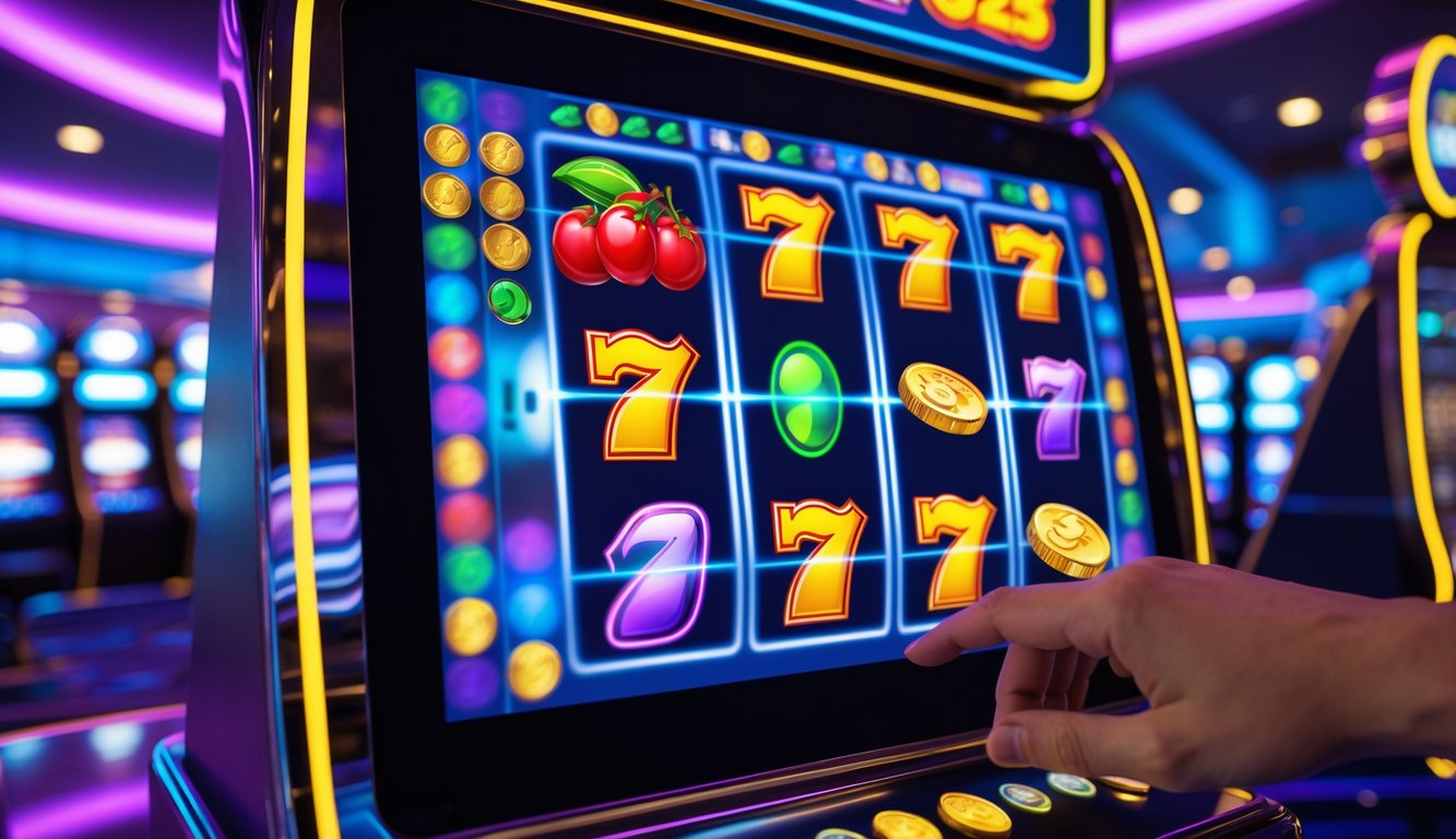 Layar mesin slot digital modern dengan simbol berwarna cerah dan tangan seseorang yang sedang menyentuh layar dalam suasana kasino futuristik.
