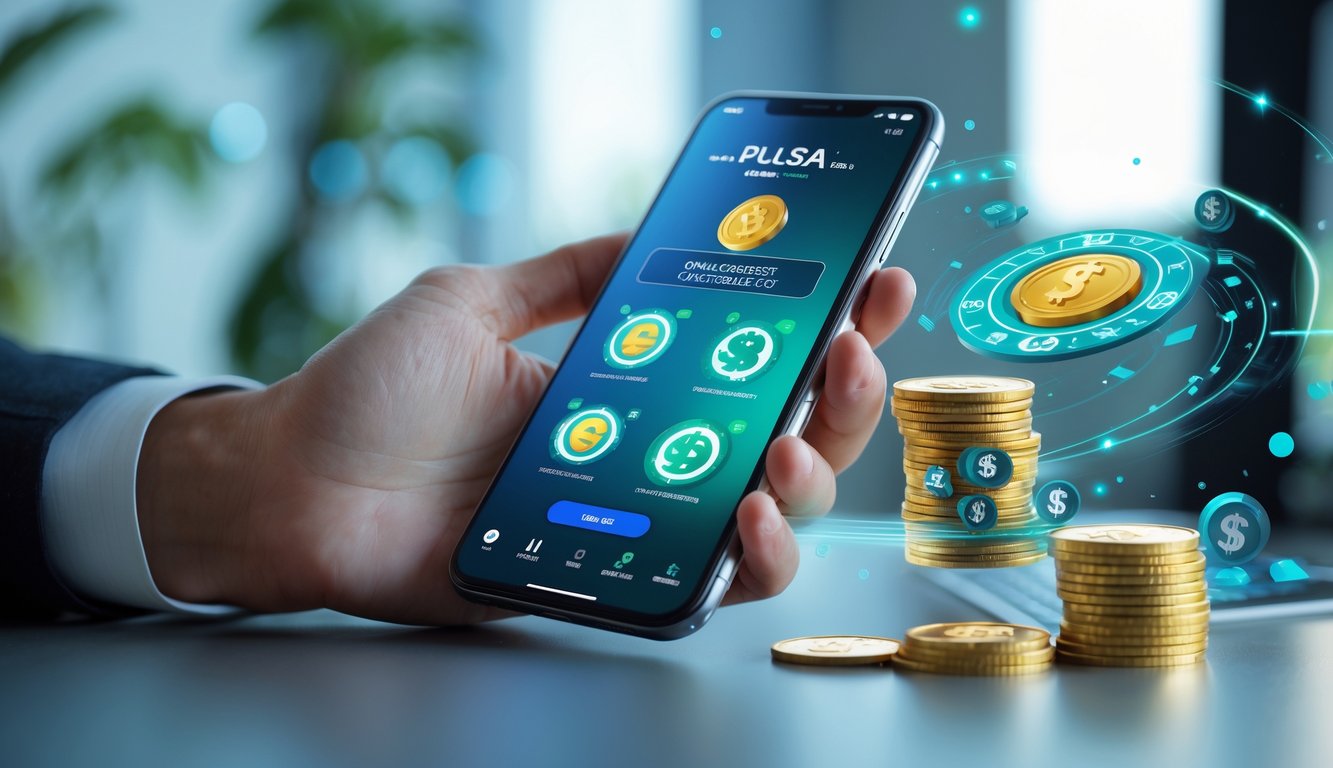 Tangan memegang ponsel yang menampilkan aplikasi dompet digital dengan ikon pulsa dan permainan slot online.