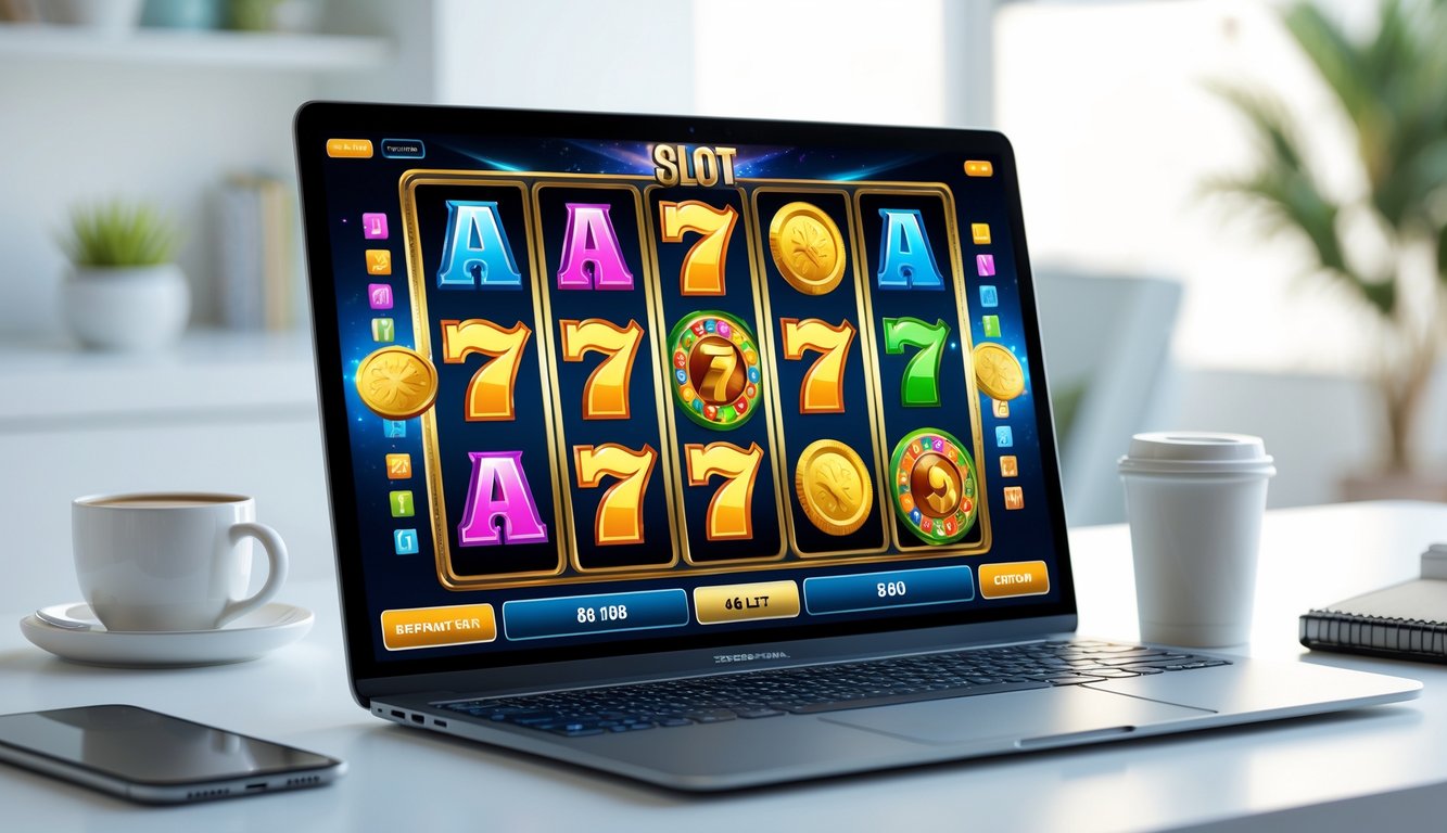 Layar laptop menampilkan permainan slot online dengan simbol warna-warni dan kombinasi kemenangan di meja kerja yang rapi.