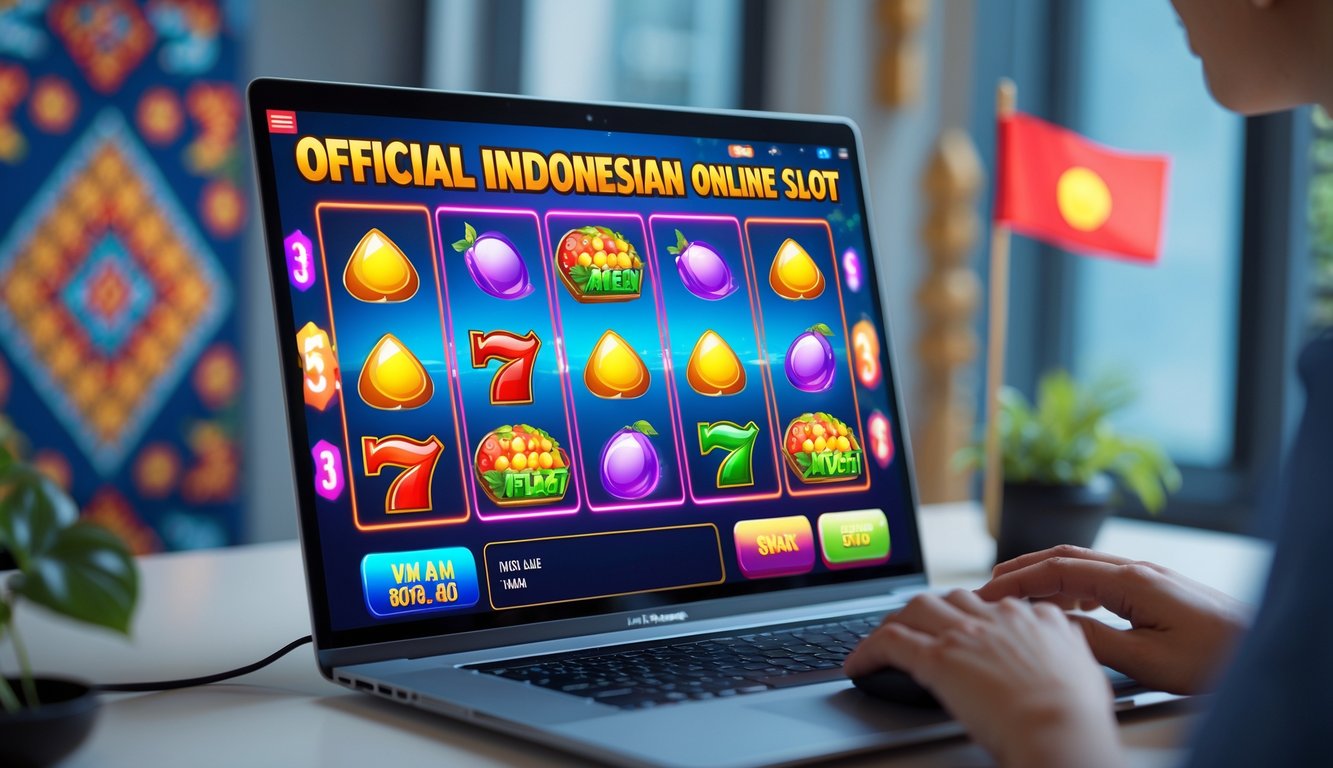 Seseorang sedang bermain permainan slot online resmi Indonesia di komputer dengan layar menampilkan permainan slot berwarna cerah.