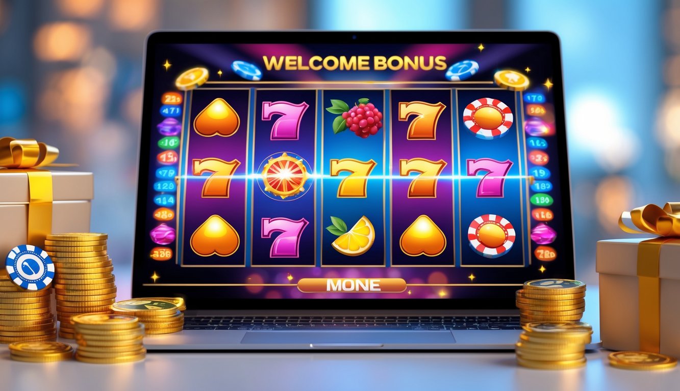 Layar komputer menampilkan permainan mesin slot berwarna cerah dengan koin emas dan chip di sekitar meja.
