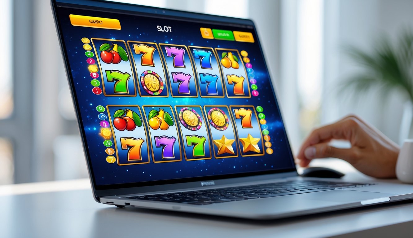Seorang pengguna sedang bermain permainan slot online di laptop dengan tampilan layar penuh simbol slot warna-warni.