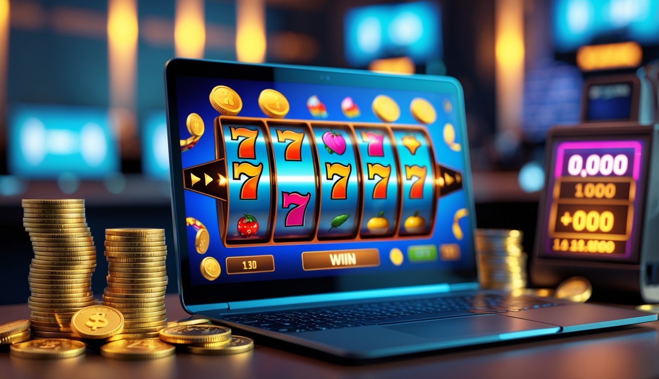 Sebuah komputer menampilkan permainan slot online dengan simbol warna-warni, dikelilingi oleh tumpukan chip kasino dan koin emas di ruang permainan modern.