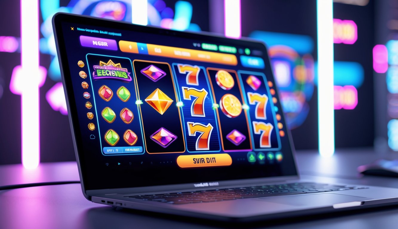 Layar komputer menampilkan permainan slot online dengan simbol warna-warni di lingkungan kasino digital modern.