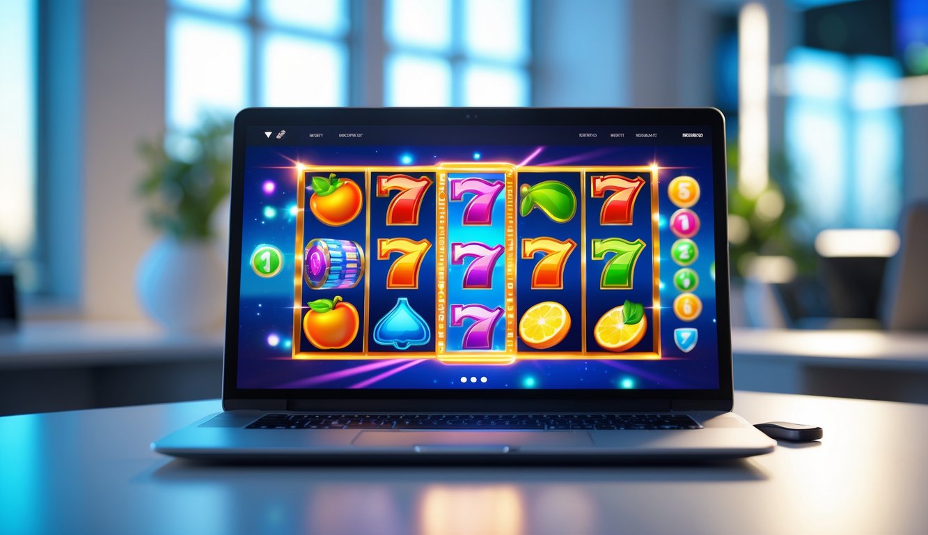 Seorang pengguna duduk di depan komputer dengan permainan slot online yang berwarna-warni dan suasana yang aman dan terpercaya.