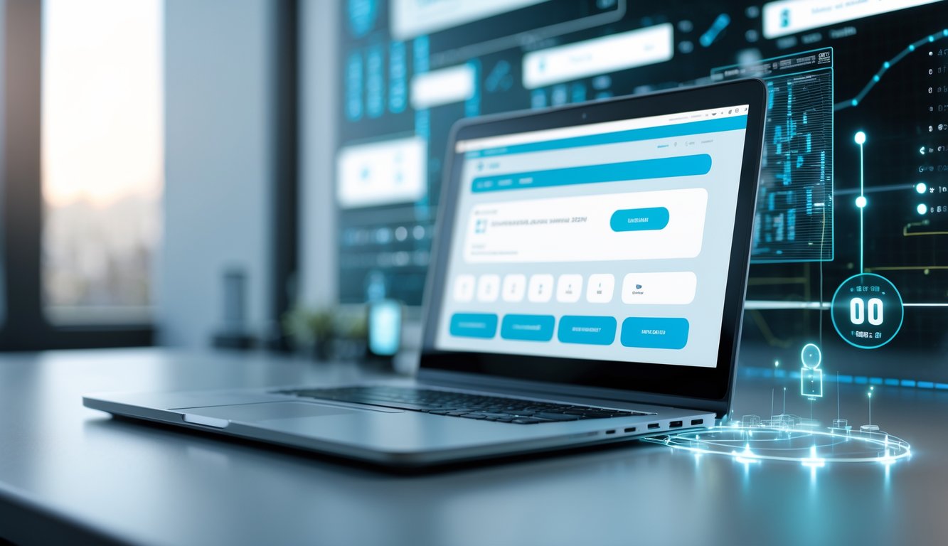 Lingkungan kerja modern dengan laptop yang menampilkan antarmuka situs lotere online yang bersih dan futuristik, dikelilingi elemen digital seperti angka holografik dan grafik data.