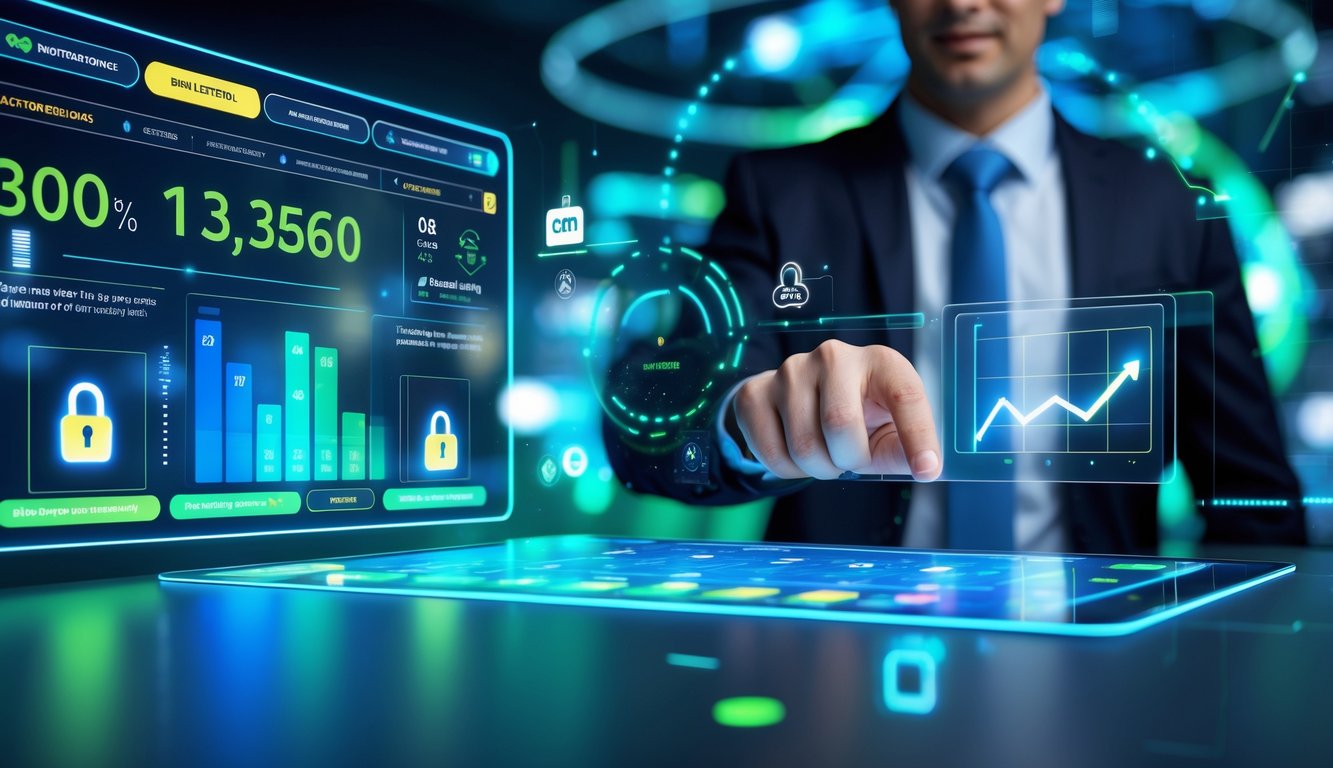 Seorang profesional menggunakan layar sentuh digital dengan latar belakang elemen angka dan ikon keamanan yang menunjukkan situs togel resmi dan aman.