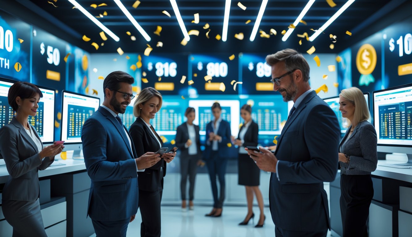 Sekelompok orang dewasa di kantor modern sedang menggunakan perangkat digital yang menampilkan grafik dan angka terkait hadiah besar lotere.