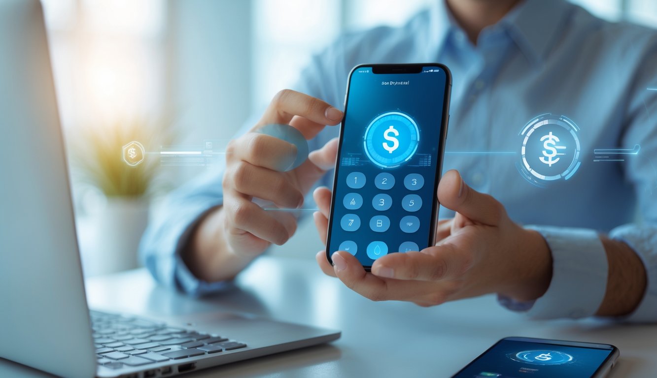 Tangan memegang ponsel yang menampilkan layar pembayaran digital di lingkungan kantor yang terang.