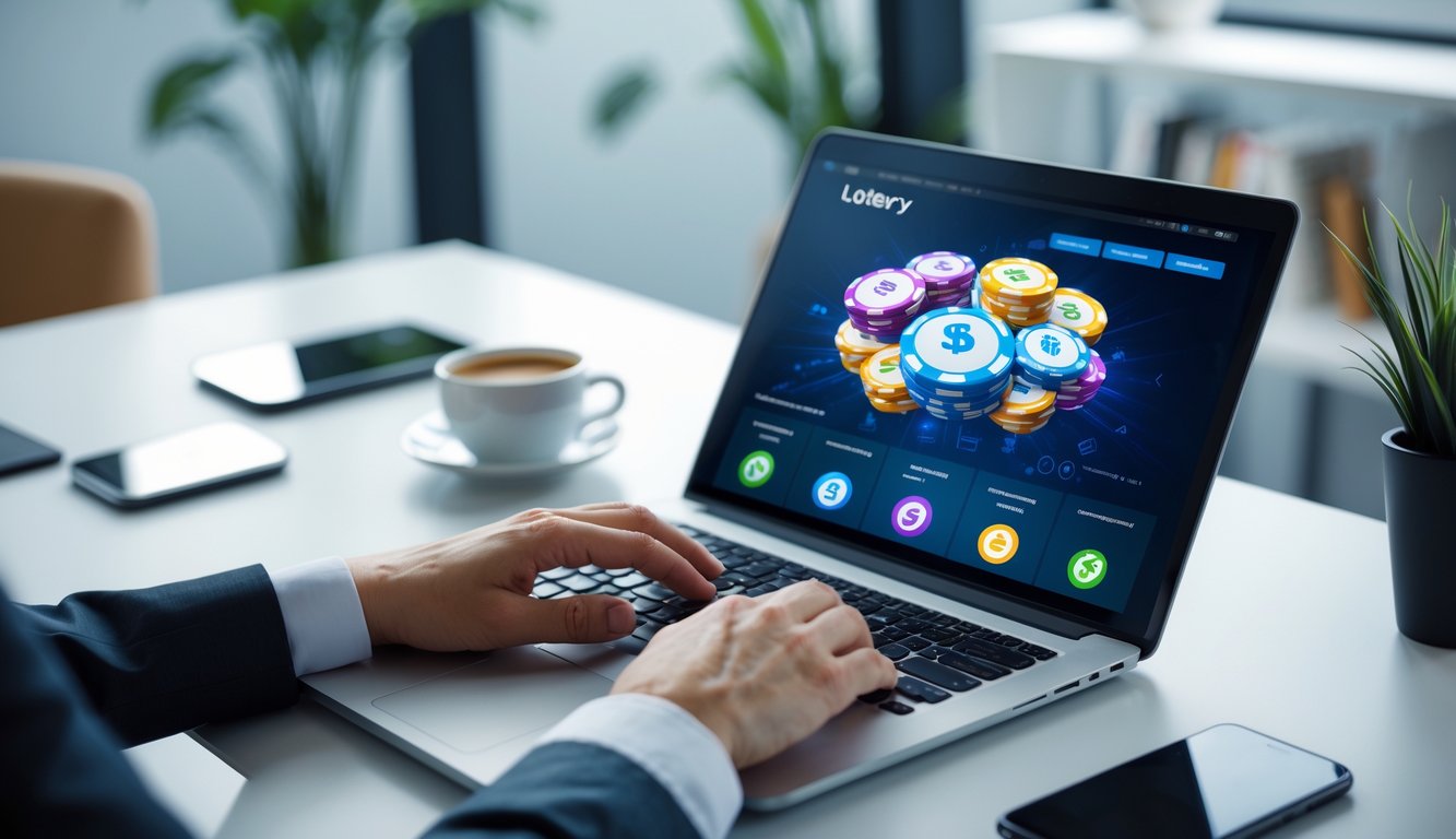 Seorang profesional sedang menggunakan laptop di meja kerja dengan suasana kantor modern dan alat tulis di sekitar.