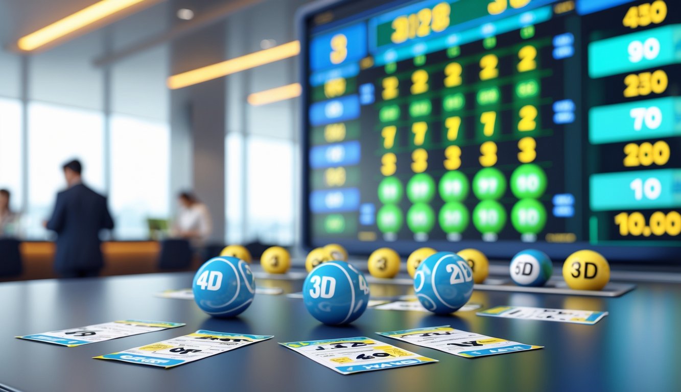 Meja dengan tiket lotre, bola bernomor, dan layar digital yang menampilkan data angka dan pembayaran tinggi dalam suasana profesional.