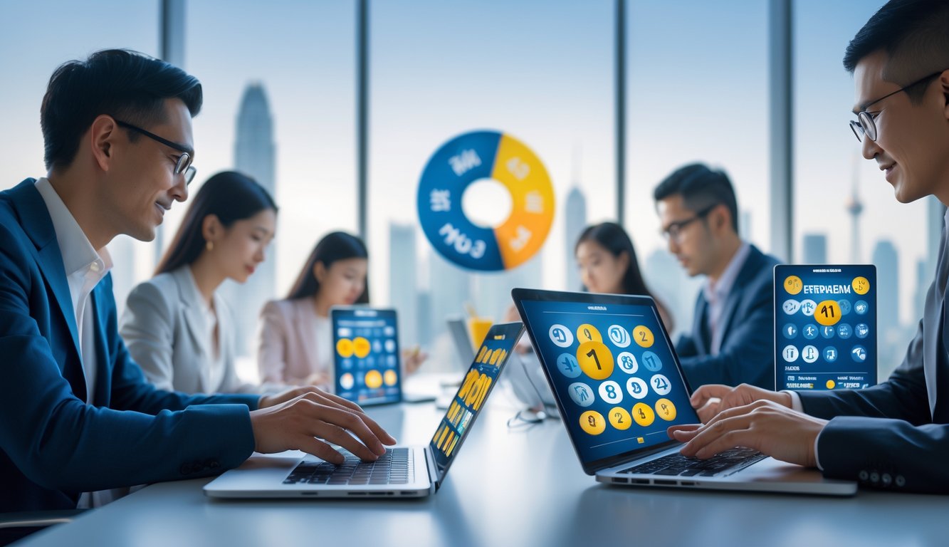 Sekelompok orang menggunakan perangkat digital di kantor modern dengan latar kota Singapura dan Hongkong samar-samar.