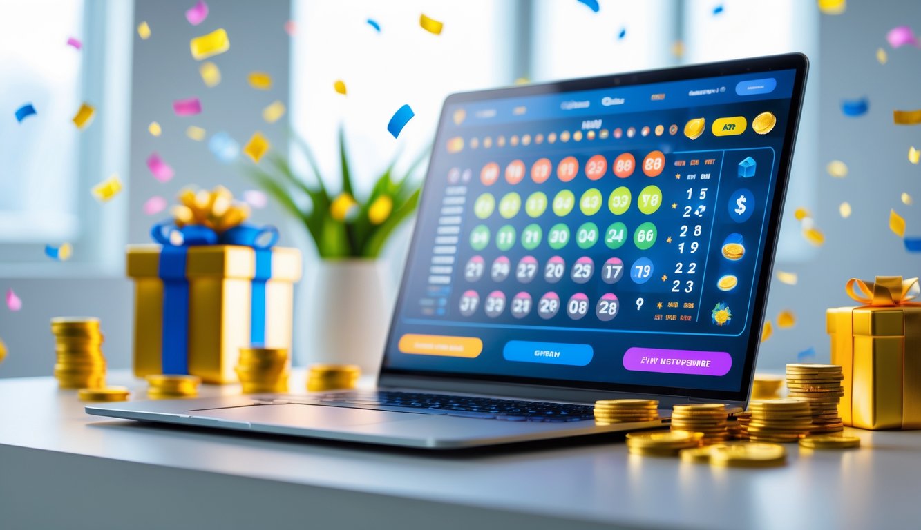 Seorang pengguna duduk di depan laptop dengan layar menampilkan angka lotre dan simbol hadiah di meja yang terang dan rapi.