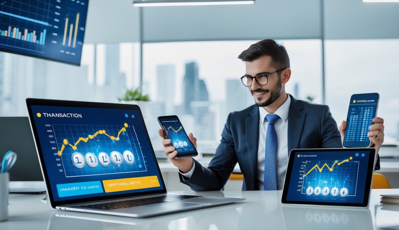 Seorang pebisnis di kantor modern menggunakan beberapa perangkat digital untuk transaksi cepat.