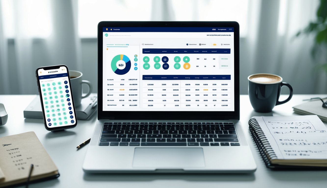 Sebuah meja kerja modern dengan laptop yang menampilkan grafik dan angka terkait prediksi togel online, ponsel dengan aplikasi togel, buku catatan, dan secangkir kopi.