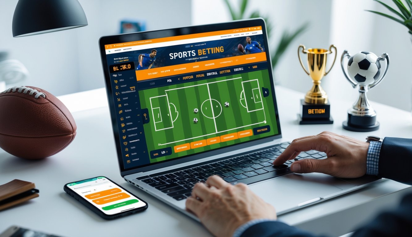 Seorang pengguna sedang menggunakan laptop dengan tampilan situs taruhan bola online yang menampilkan statistik pertandingan sepak bola dan elemen keamanan, di meja dengan bola sepak dan trofi.