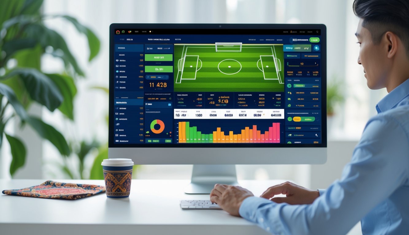 Seorang pria menggunakan komputer dengan tampilan antarmuka taruhan bola yang modern di ruang kerja yang rapi dan terang.