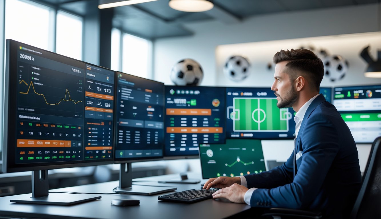 Seseorang di kantor modern sedang menganalisis statistik pertandingan sepak bola dan peluang taruhan di beberapa layar komputer.