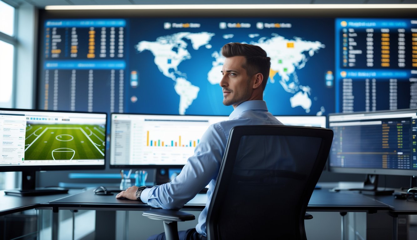Seorang analis pria duduk di meja dengan beberapa monitor komputer yang menampilkan statistik dan grafik pertandingan sepak bola, di latar belakang layar digital dengan peta dunia dan liga sepak bola.